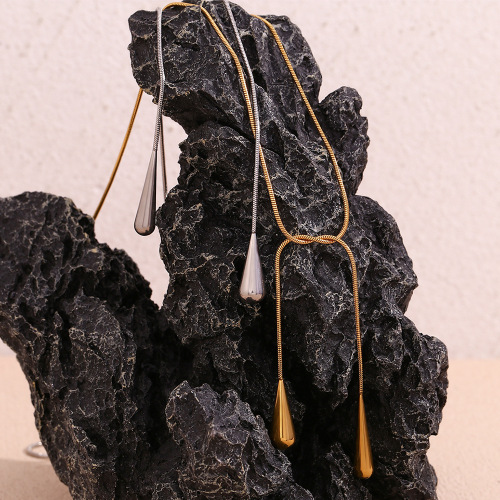 NTSMJ94 18K Gold Plated Stainless Steel Double Water Drop Snake Chain Necklace for Women Elegant Jewelry