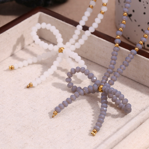 NTSMJ383 Handmade Black and White Faceted Crystal Bow Necklace for Women Stainless Steel Bead Pendant Jewelry