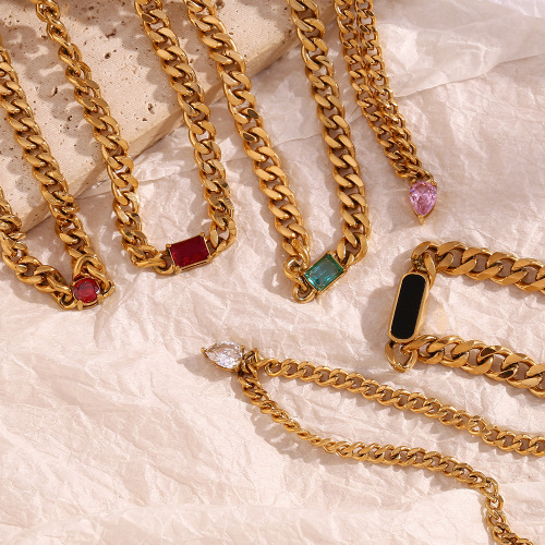 NTSMJ489 18K Gold Plated Stainless Steel Cuban Chain Necklace with Micro Pave Colored Zircon Trendy Jewelry for Women