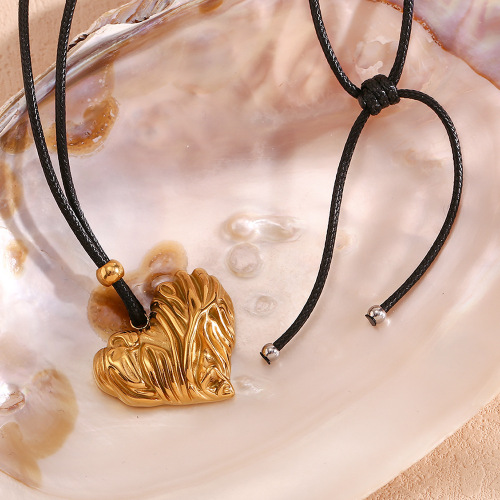 NTSMJ179 18K Gold Plated Stainless Steel Heart Pendant Necklace with Leather Cord for Women Elegant Jewelry