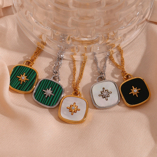 NTSMJ333 Stainless Steel Eight-Point Star and Shell Square Pendant Necklace for Women Trendy Sweater Chain Jewelry
