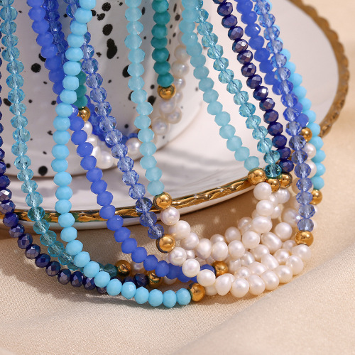 NTSMJ476 Handmade Blue Faceted Crystal Necklace with Freshwater Pearls and Stainless Steel Beads Elegant Jewelry for Women