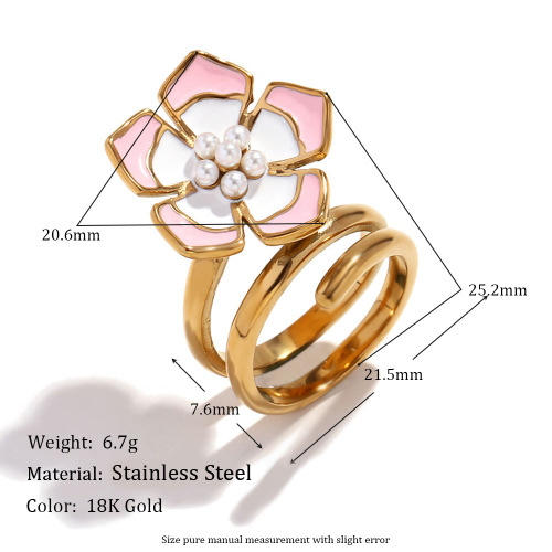 NTSMJ273 18K Gold-Plated Stainless Steel Pearl Ring Colorful Petal Earrings and Necklace Set for Women