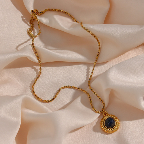 NTSMJ623 18K Gold Plated Stainless Steel Necklace with Agate Pendant and Twisted Rope Design for Women Elegant Jewelry