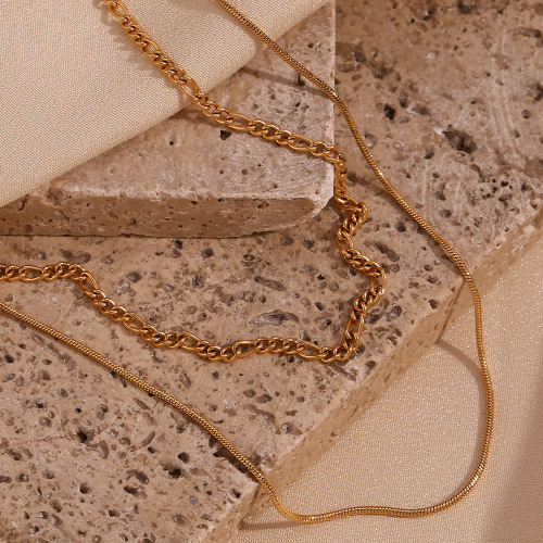 NTSMJ207 18K Gold Plated Stainless Steel Double Layer Figaro and Snake Chain Necklace for Women Trendy Jewelry