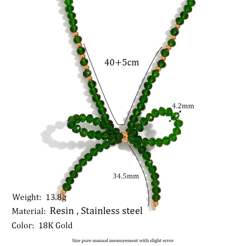 NTSMJ382 Handmade Green Faceted Crystal Bow Necklace for Women Stainless Steel Bead Pendant Jewelry