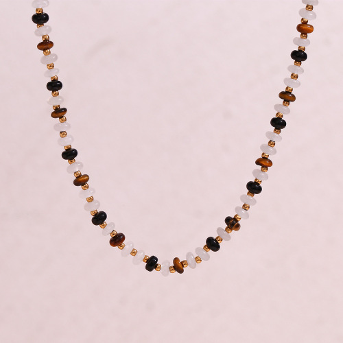 NTSMJ496 18K Gold Plated Stainless Steel Beaded Necklace with Tiger Eye and White Jade for Women Trendy and Elegant Jewelry