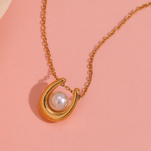 NTSMJ180 18K Gold Plated Stainless Steel U-Shaped Pendant Necklace for Women Elegant Jewelry
