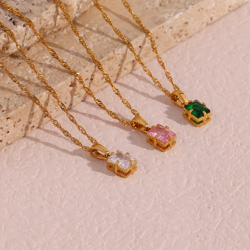 NTSMJ222 Stainless Steel Square and Rectangle Zirconia Pendant Necklace Trendy Collarbone Chain Jewelry for Women