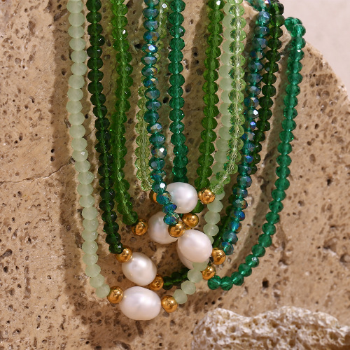 NTSMJ479 Handmade Mint Green Crystal Beaded Necklace with Freshwater Pearl and Stainless Steel Beads Elegant Jewelry for Women