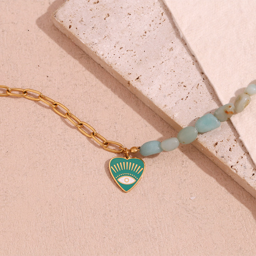 NTSMJ201 18K Gold Plated Stainless Steel Amazonite Evil Eye Bracelet for Women Trendy Chain Link Jewelry