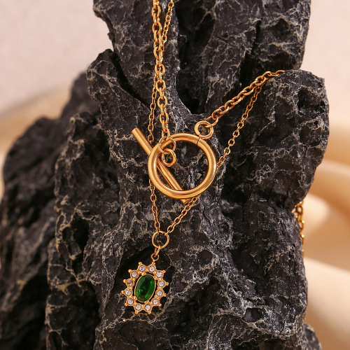 NTSMJ387 18K Gold Plated Stainless Steel Double Layer Oval Zirconia Toggle Clasp Necklace for Women