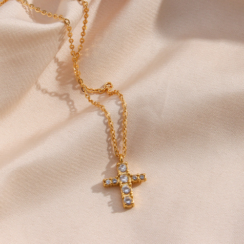 NTSMJ244 18K Gold Plated Stainless Steel Cross Pendant Necklace with Mini Zircon Inlay Elegant Women's Jewelry