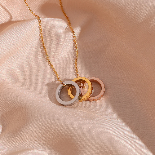 NTSMJ593 Stainless Steel Necklace for Women with Triple Circle Pendant Elegant 3 Ring Jewelry