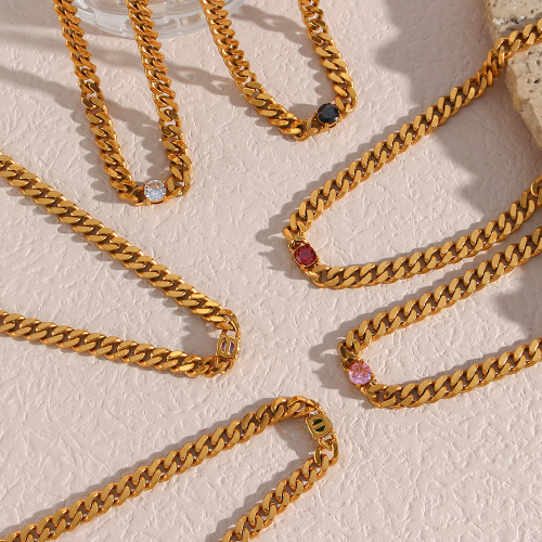 NTSMJ253 18K Gold Plated 6.5mm Cuban Chain Necklace with Round Zirconia Stainless Steel Jewelry for Men and Women