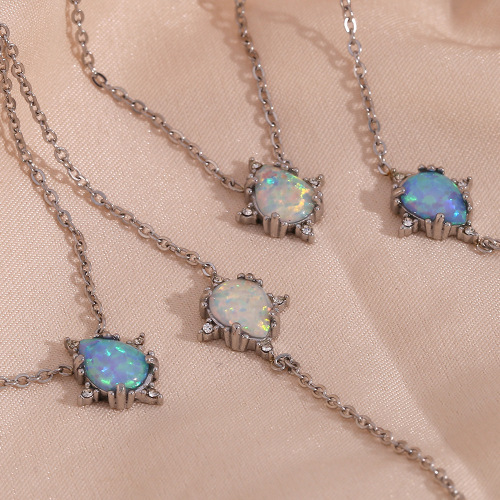 NTSMJ455 Stainless Steel Teardrop Opal Pendant Necklace and Bracelet Set for Women Elegant Micro-Pave Jewelry