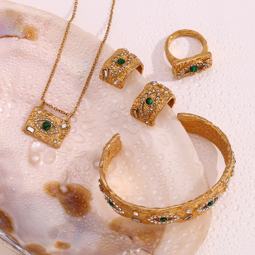 NTSMJ14 Gold Plated Jewelry Set for Women Malachite Eye Zircon Pendant Necklace