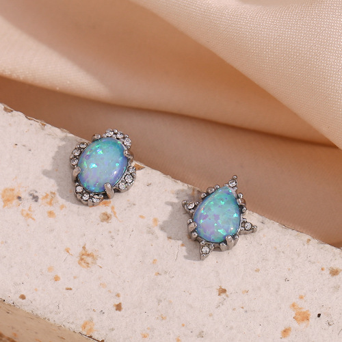 NTSMJ323 Stainless Steel Oval Flower Opal Pendant Necklace Earrings and Bracelet Set for Women Stylish Jewelry