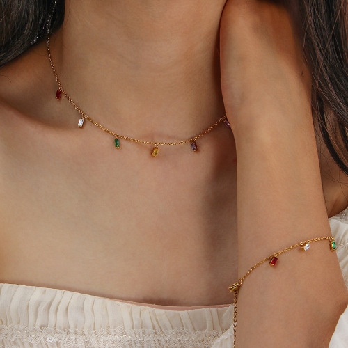 NTSMJ28 Colorful Zircon Square Pendant Necklace Choker and Bracelet Set for Women