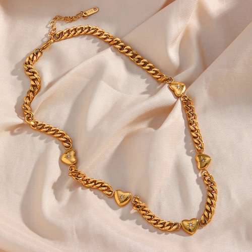 NTSMJ123 18K Gold Plated Stainless Steel Cuban Chain Necklace with Zircon Heart Pendant