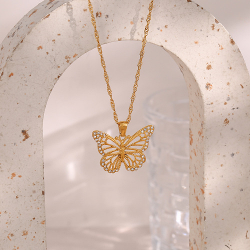 NTSMJ45 Women's Zircon Butterfly Pendant Necklace on Water Wave Chain Hollow Animal Jewelry