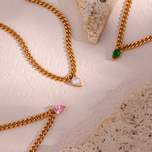 NTSMJ608 Stainless Steel Cuban Chain Necklace for Women with Zircon Pendant Elegant Choker Jewelry