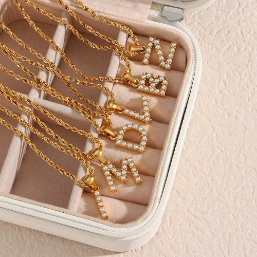 NTSMJ358 18K Gold Plated Stainless Steel Pearl Letter Pendant Necklace for Women Twisted Chain Jewelry