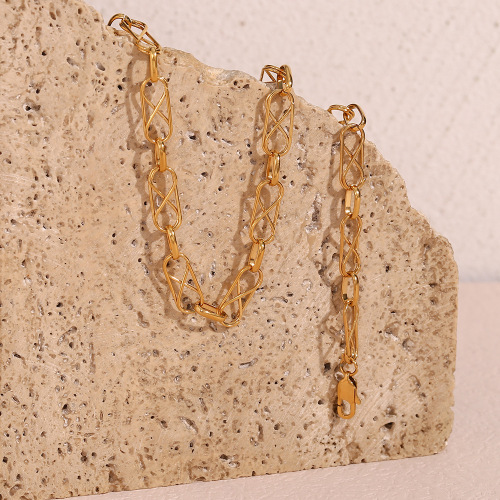 NTSMJ430 18K Gold Plated Stainless Steel Geometric Interlocking Chain Bracelet and Necklace Jewelry
