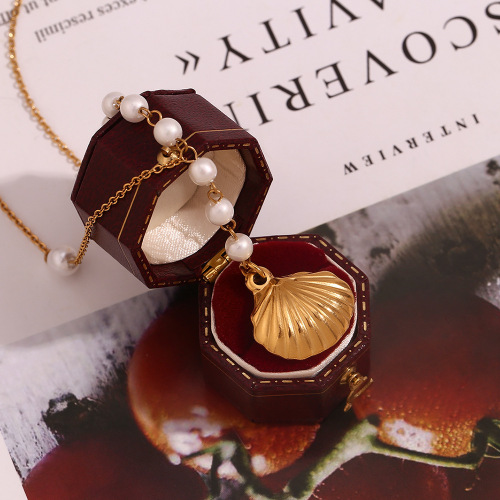 NTSMJ130 18K Gold Plated Stainless Steel Necklace with Faux Pearl Shell Pendant for Women