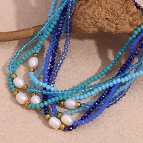 NTSMJ288 Stainless Steel Pendant Necklace with Blue Crystal Beads and Single Freshwater Pearl for Women