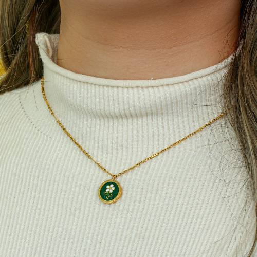 NTSMJ444 Y2K 18K Gold Plated Stainless Steel Green Flower Pendant Necklace Trendy Jewelry for Women