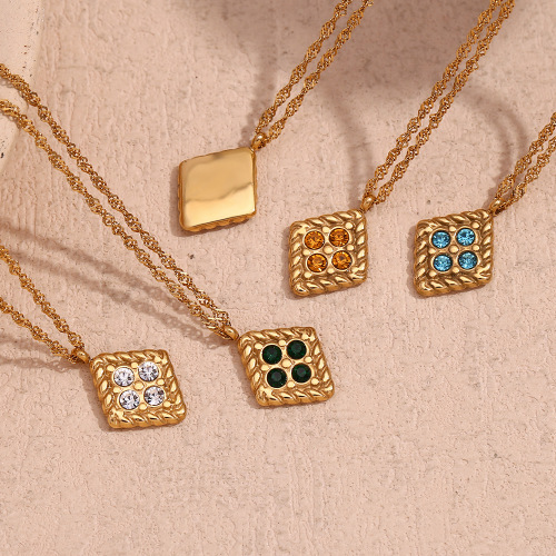 NTSMJ286 18K Gold-Plated Stainless Steel Geometric Pendant Necklace with Four Diamonds for Women