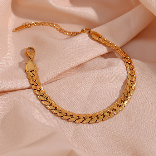 NTSMJ571 18K Gold Plated Stainless Steel Cuban Chain Bracelet with Decorative Edges for Women Fashion Jewelry