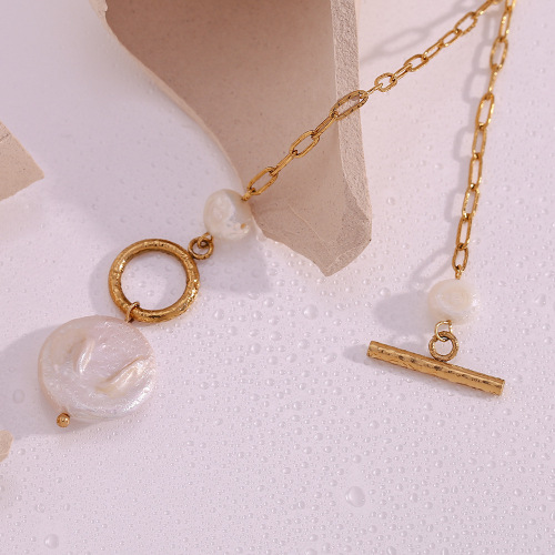 NTSMJ218 18K Gold Plated Stainless Steel Paperclip Sweater Chain Necklace with Freshwater Pearl OT Clasp Women's Trendy Jewelry