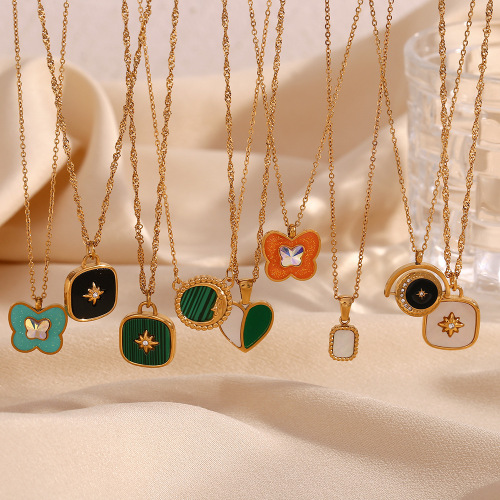 NTSMJ491 18K Gold Plated Stainless Steel Heart Shell Pendant Necklace with Enamel Square Trendy Jewelry for Women