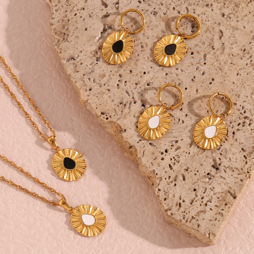 NTSMJ332 Sunflower Enamel Pendant Necklace with Water Wave Chain and Matching Earrings Trendy Jewelry Set