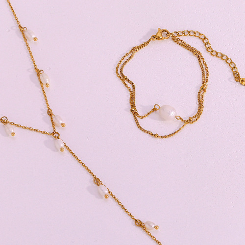 NTSMJ217 Y-Shaped Stainless Steel Freshwater Pearl Tassel Necklace for Women Trendy Pendant Jewelry