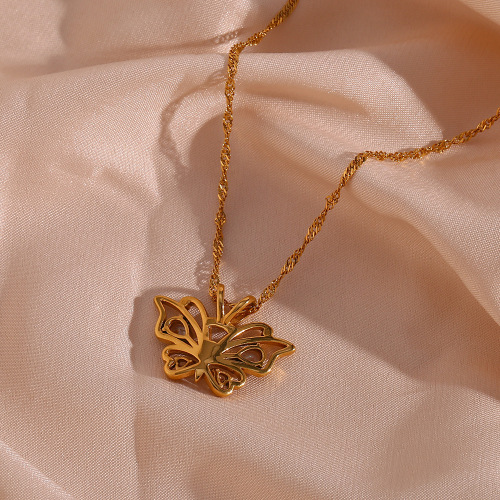 NTSMJ578 Stainless Steel Hollow Teardrop Zircon Butterfly Pendant Necklace for Women Fashion Jewelry