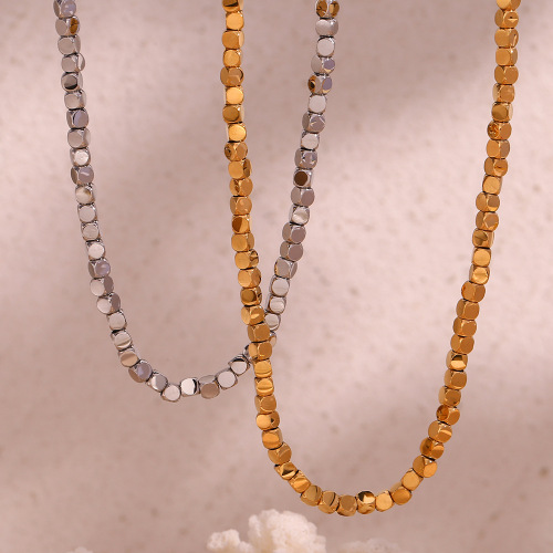 NTSMJ119 18K Gold Plated Stainless Steel Cube Bead Pendant Necklace for Women