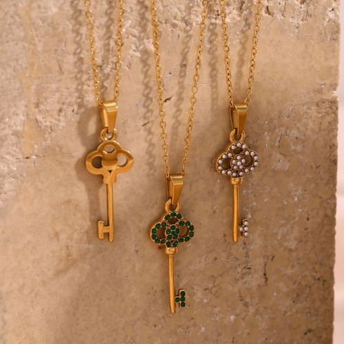 NTSMJ445 Micro Pave Hollow Flower Key Pendant Sweater Necklace Elegant Jewelry for Women