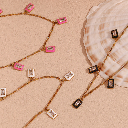 NTSMJ503 Gold Plated Stainless Steel Rectangle Teardrop Zirconia Enamel Pendant Necklace for Women Elegant Jewelry