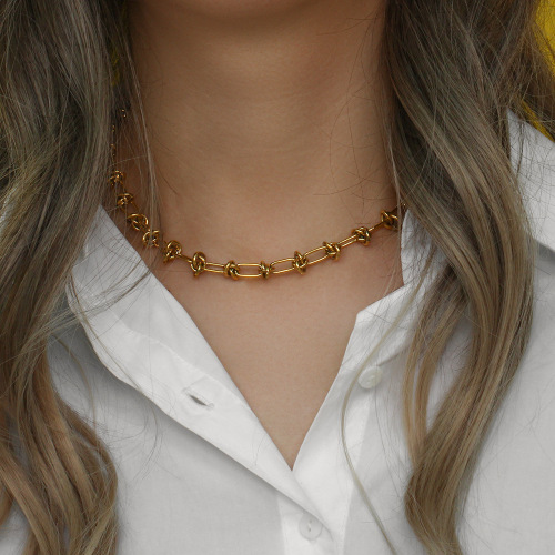 NTSMJ348 Stainless Steel Button Knot Necklace and Bracelet Set for Women Trendy Collarbone Jewelry