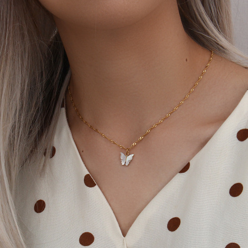 NTSMJ263 Stainless Steel Butterfly Shell Pendant Necklace and Earrings Set Elegant Jewelry for Women