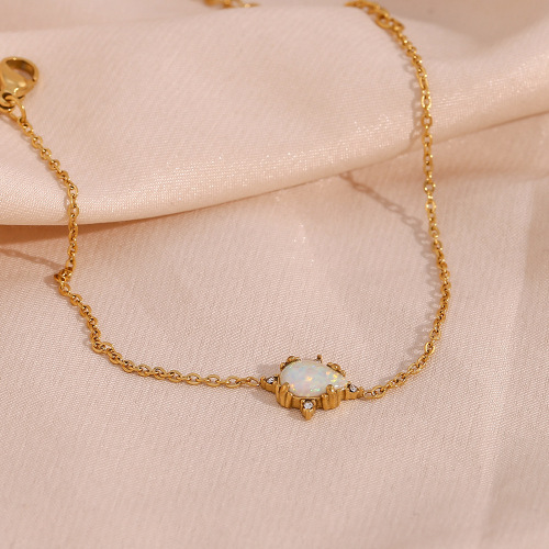 NTSMJ453 18K Gold Plated Stainless Steel Teardrop Opal Necklace Earrings and Bracelet Set for Women Elegant Jewelry