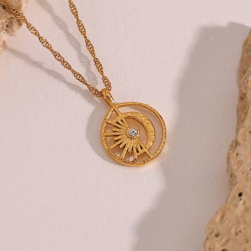NTSMJ549 18K Gold Plated Stainless Steel Necklace with Hollow Sun and Moon Pendant for Women Elegant Jewelry
