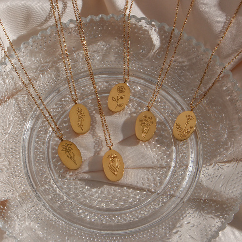 NTSMJ167 Abstract Irregular Oval Birth Flower Pendant Necklace for Women Unique Clavicle Jewelry