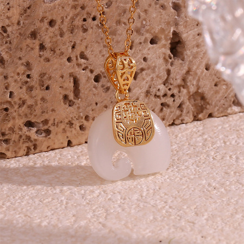 NTSMJ516 18K Gold Plated Stainless Steel Necklace with White Hetian Jade Elephant Pendant for Women Elegant Jewelry