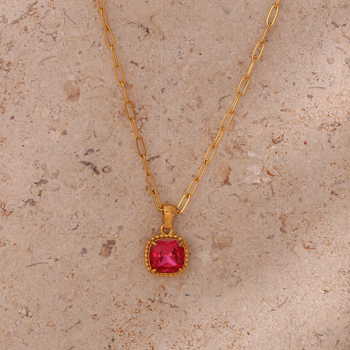 NTSMJ594 Stainless Steel Paperclip Chain Necklace with Square Gemstone Pendant for Women Elegant and Trendy Jewelry