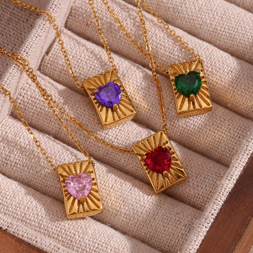 NTSMJ203 18K Gold Plated Stainless Steel Heart Zircon Card Pendant Necklace for Women Square Charm Trendy Jewelry
