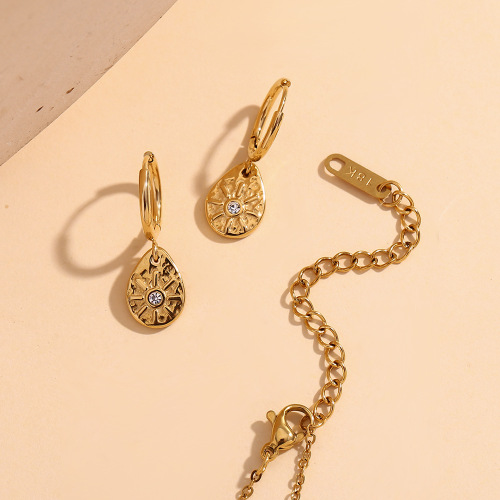 NTSMJ138 18K Gold Plated Geometric Necklace and Earrings Set with Sun Diamond and Teardrop Pendants for Women